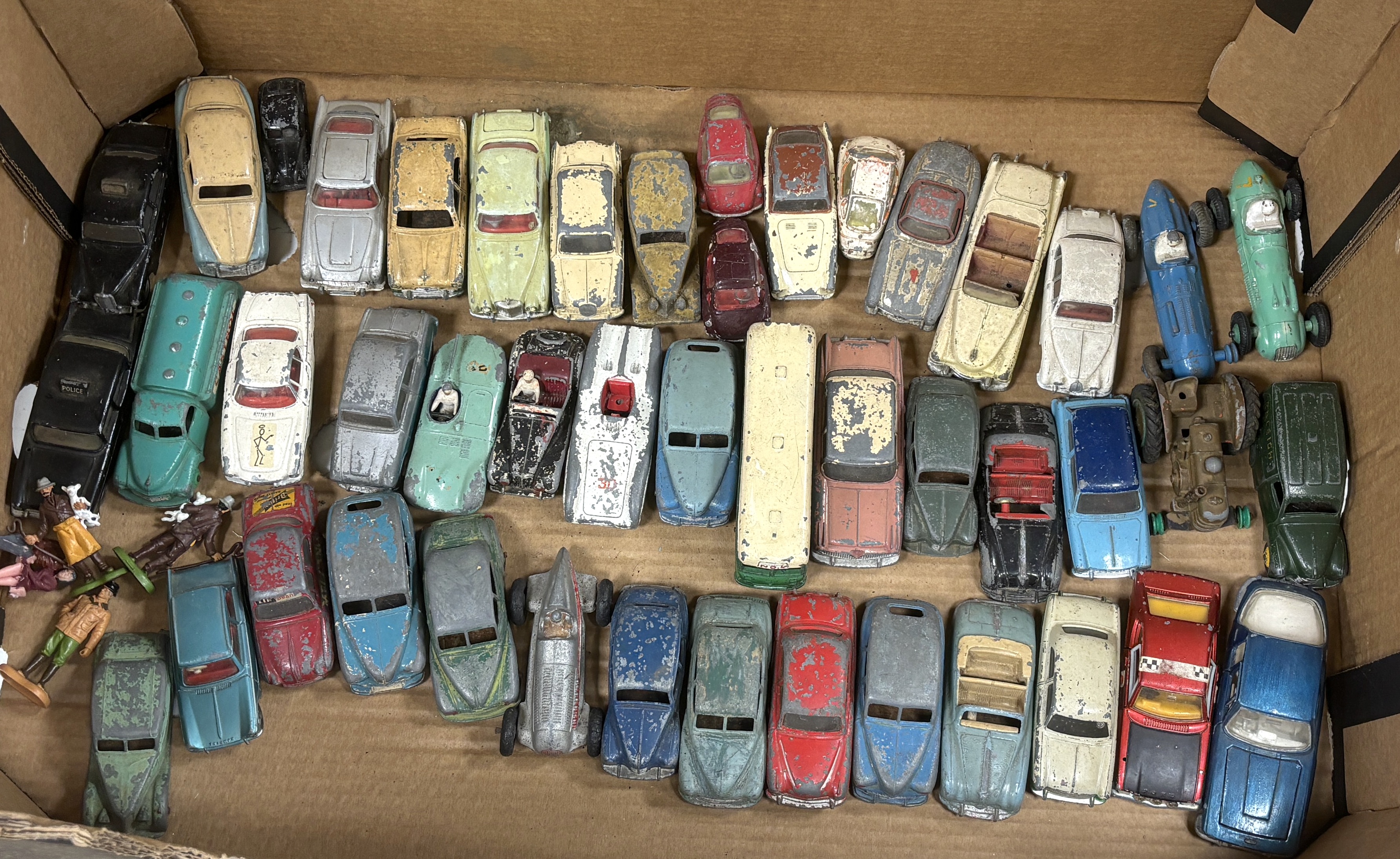 Forty-five 1950's and 1960's Dinky Toys and Corgi Toys for restoration, including Jaguar D type, Ford Zephyr, James Bond’s Aston Martin DB5, The Saint’s Volvo P1800, etc.